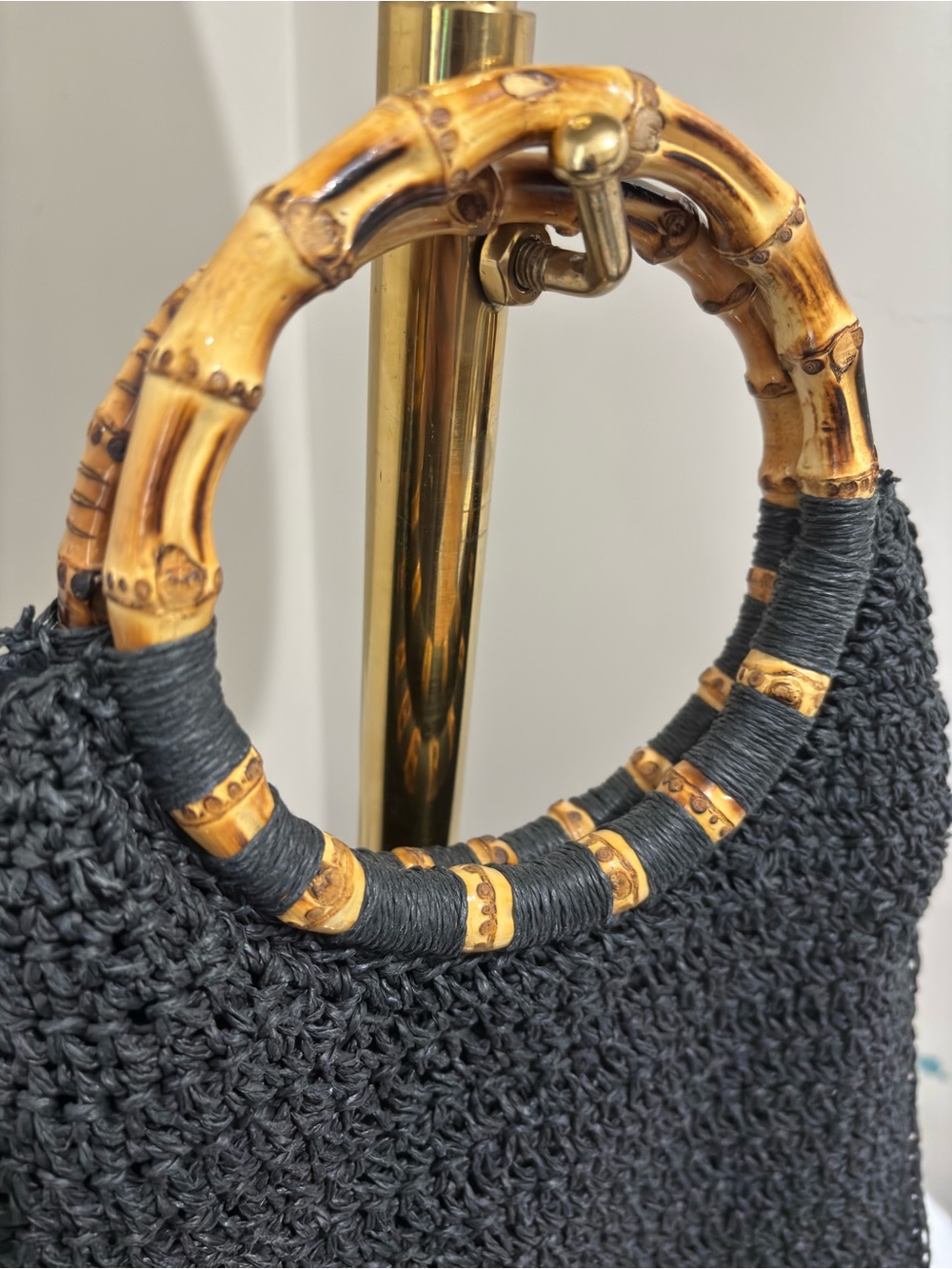 Vintage Woven Straw Style Crochet Handbag Tote with Brown Bamboo Ring Handles - Picture 2 of 8